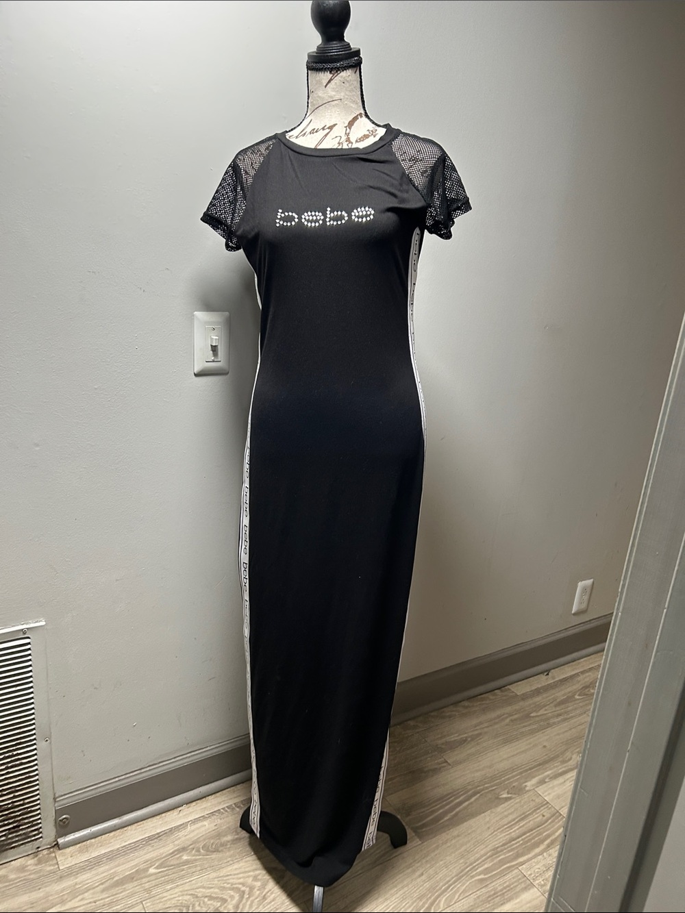 bebe Black Maxi Dress with Rhinestone Logo and Mesh Sleeves